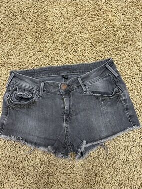 True Religion Gray Frayed Denim Shorts with Stud Accents